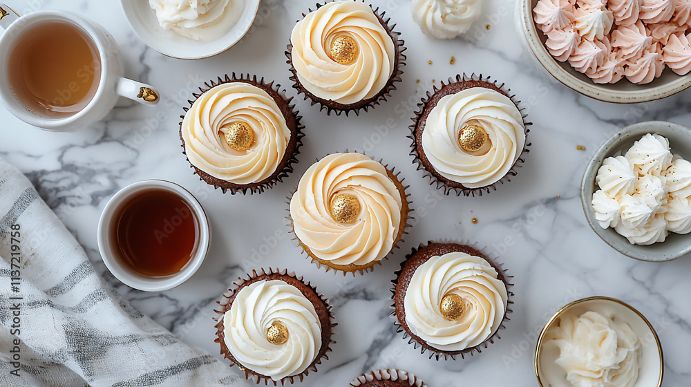 An elegant flat-lay of cupcakes with gold acc An elegant flat-lay of cupcakes with gold acc