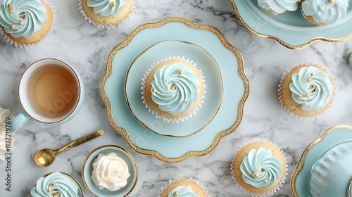 An elegant flat-lay of cupcakes with gold acc photo