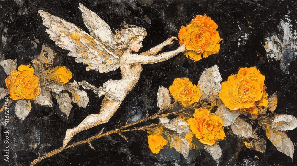 Cupid soaring among vibrant roses, glowing softly in light, painted with acrylics on a dark background, with text-friendly design. Cupid soaring among vibrant roses, glowing softly in light, painted with acrylics on a dark background, with text-friendly design.