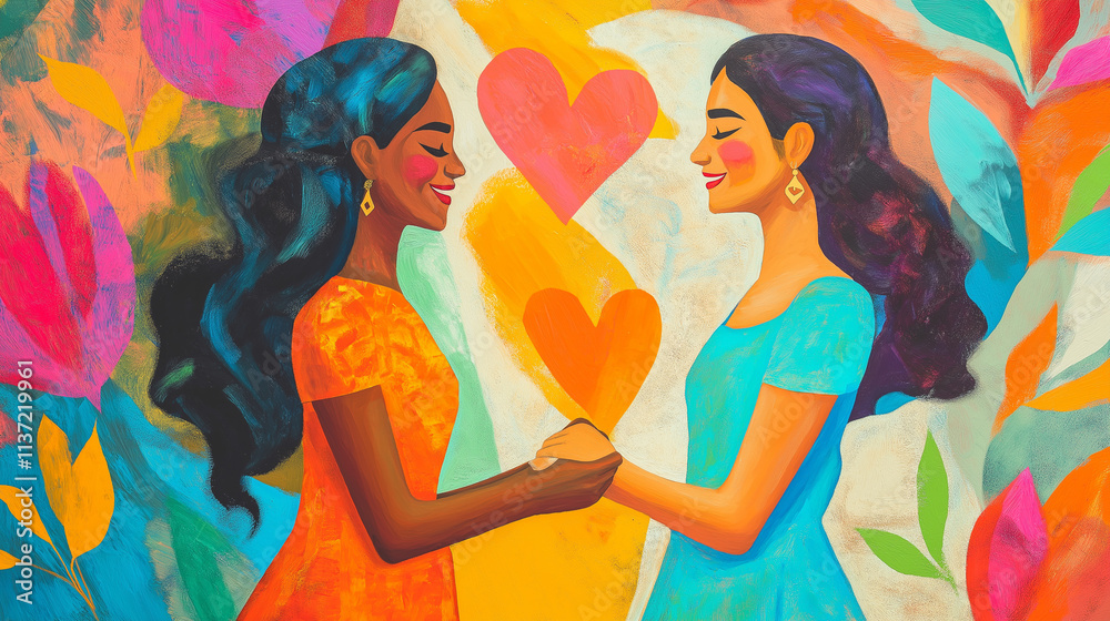 Illustration Watercolor painting of two women holding hands and looking at each other with love, expressing joy Illustration Watercolor painting of two women holding hands and looking at each other with love, expressing joy