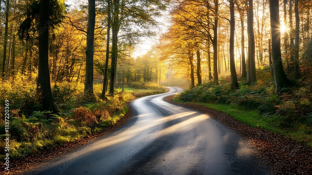 Obraz premium Autumnal Road Winding Through Golden Forest