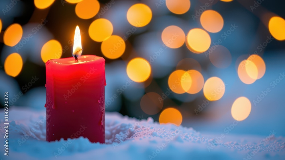 features a vibrant red pillar candle with a subtle ombre effect, situated on a bed of snow against a backdrop of twinkling lights. this captivating scene showcases a festive atmosphere, perfect for features a vibrant red pillar candle with a subtle ombre effect, situated on a bed of snow against a backdrop of twinkling lights. this captivating scene showcases a festive atmosphere, perfect for