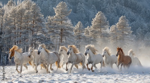 Wallpaper Mural White Horses Running Through a Snowy Forest Torontodigital.ca