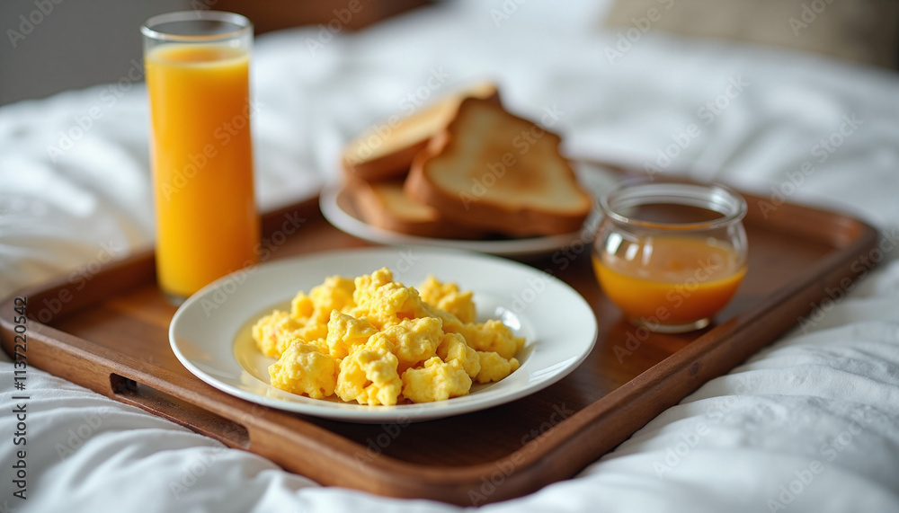Scrambled eggs with toast and orange juice in a cozy breakfast setting Scrambled eggs with toast and orange juice in a cozy breakfast setting