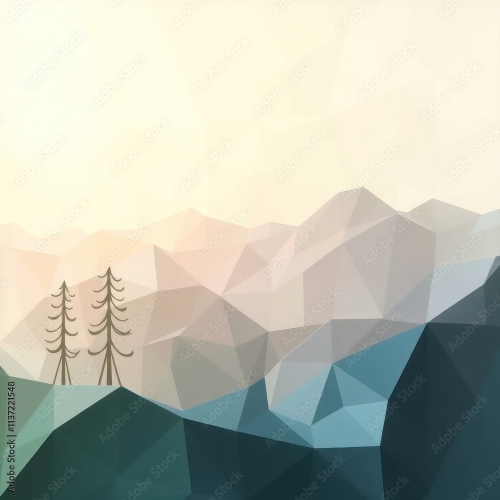 A geometric landscape featuring mountains and trees in soft pastel colors. A geometric landscape featuring mountains and trees in soft pastel colors.