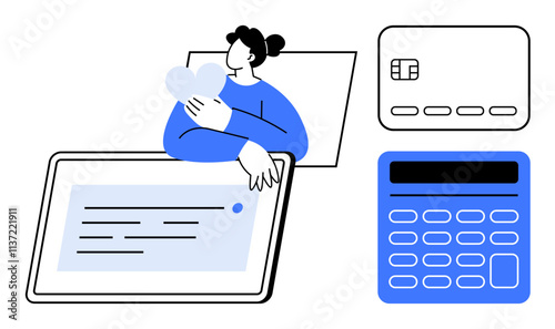 Person embracing a heart, tablet with text, credit card, and calculator. Ideal for finance, banking, technology, online shopping money management e-commerce and budgeting. Line metaphor