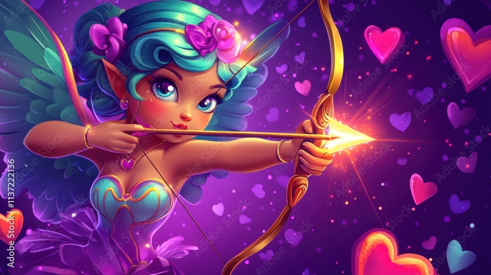Cupid taking aim with a radiant arrow, colorful love-themed background with glowing hearts and romantic patterns, vivid details. Cupid taking aim with a radiant arrow, colorful love-themed background with glowing hearts and romantic patterns, vivid details.