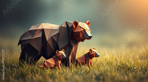 A geometric representation of a bear and two cubs in a natural setting.