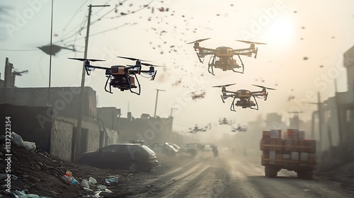 Drones Delivering Packages Over City Street