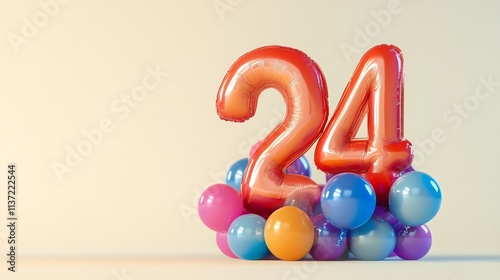 The number 24 made of red balloons, surrounded by smaller pastel-colored balloons. photo