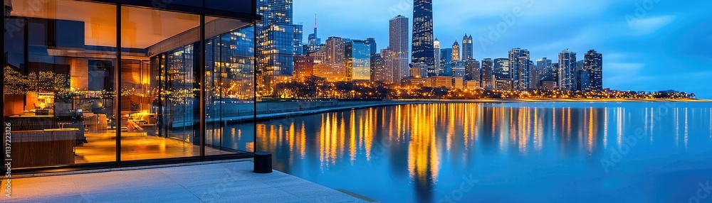 Fototapeta premium A stunning city skyline at dusk, reflecting vibrant lights on water, showcasing modern architecture and serene ambiance.