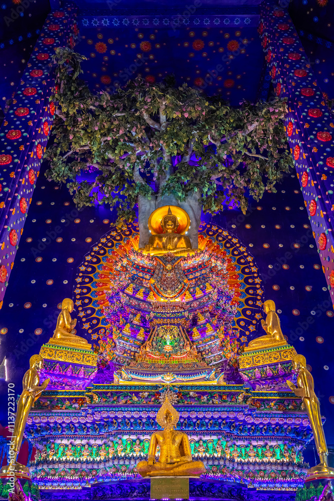 Obraz premium Wat Klang Khlong Watthanaram, or Wat Muang, in Sena, Ayutthaya, is famed for its vibrant purple ordination hall and intricate decorations, making it a notable landmark in the area.