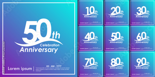 set of 10th-90th years anniversary celebration logotype with violet and blue background, vector illustration template 