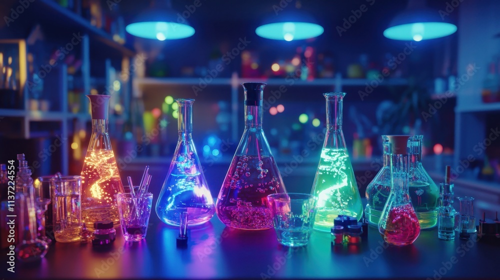 Detailed glassware containing colorful liquids illuminated by bright light, creating a realistic scientific scene. Detailed glassware containing colorful liquids illuminated by bright light, creating a realistic scientific scene.