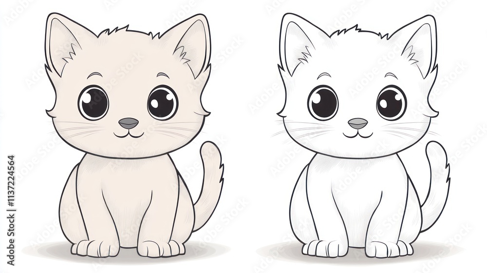 Obraz premium Two cute cartoon kittens, beige and white, sitting.