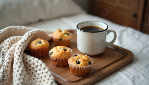 Cozy breakfast with muffins and coffee on wooden tray in soft daylight