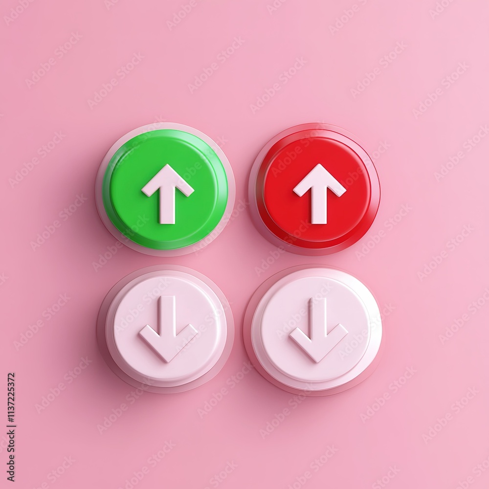 Four buttons with arrows on them, one green, one red, one pink, and one white Four buttons with arrows on them, one green, one red, one pink, and one white
