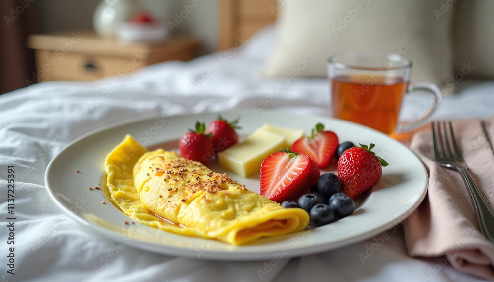 Healthy breakfast with omelette, berries and tea on a blurred background Healthy breakfast with omelette, berries and tea on a blurred background