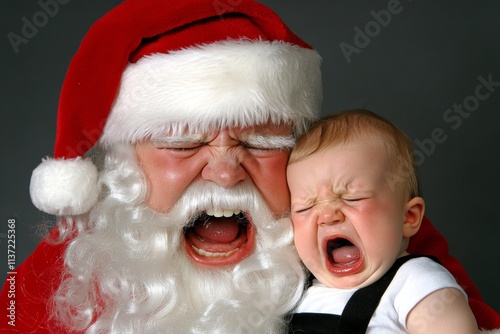 Merry christmas, Ñute baby boy unhappy with santa claus. Christmas advertising concept image for print and online use. Santa claus happy lap. Christmas holiday joy. Christmas gift guide visu. photo