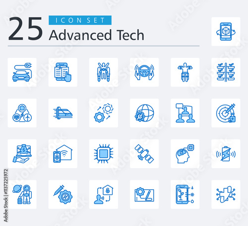 Advanced Tech Icon Pack Blue Style with microchip, spacecraft, neural implant, wireless charging, space tourism, gene therapy, voice command, prototype, smart farm and health tech