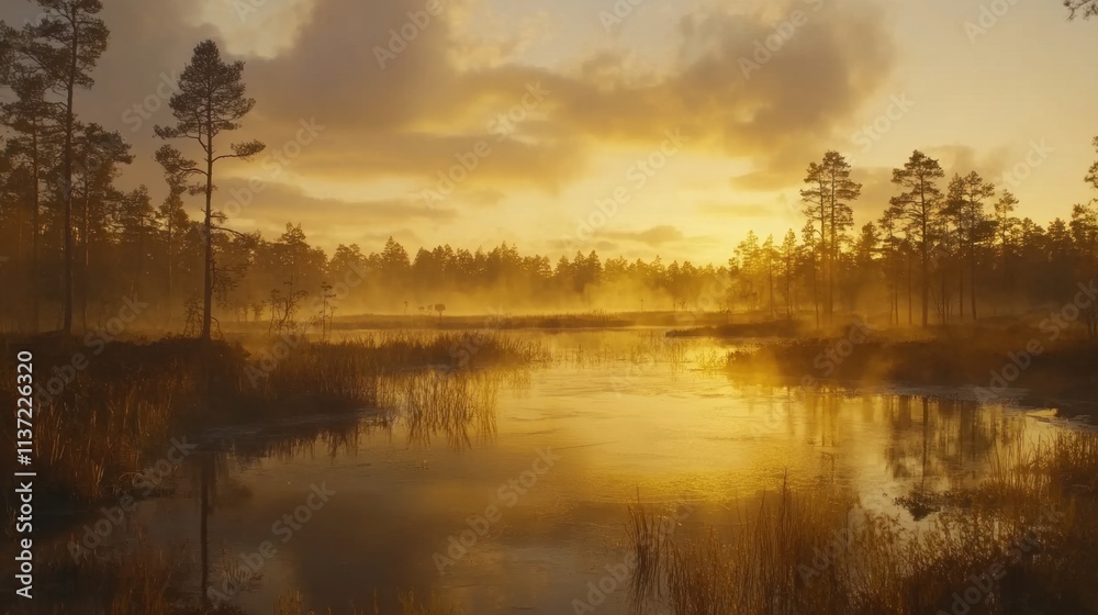 Finland pristine forest lake at dawn, glowing golden sky, frosted shorelines, water reflecting trees and morning mist. Finland pristine forest lake at dawn, glowing golden sky, frosted shorelines, water reflecting trees and morning mist.