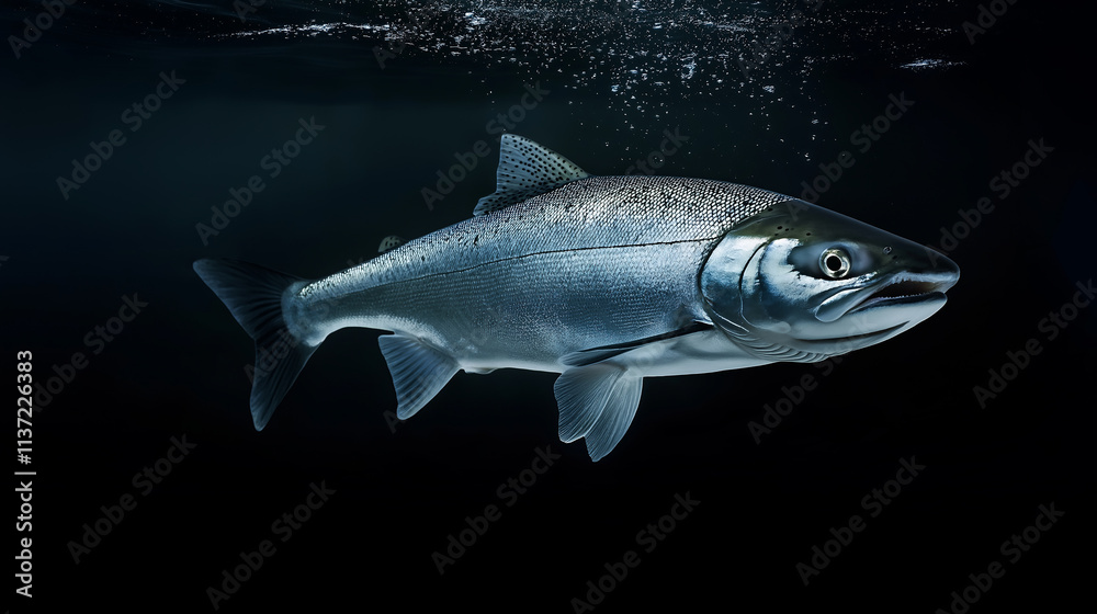 Obraz premium Coho salmon swimming in dark water with air bubbles