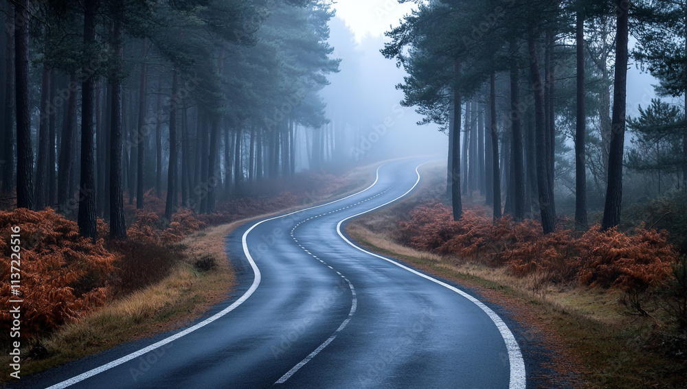 Fototapeta premium A road through a forest surrounded by mist and trees is atmospheric and mysterious