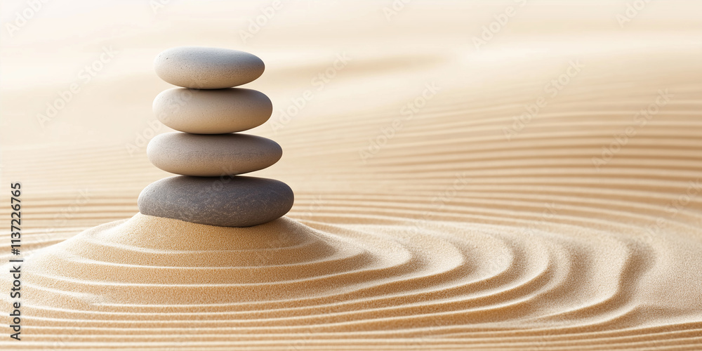 Stack of zen stones balancing on small sand dune in japanese rock garden Stack of zen stones balancing on small sand dune in japanese rock garden