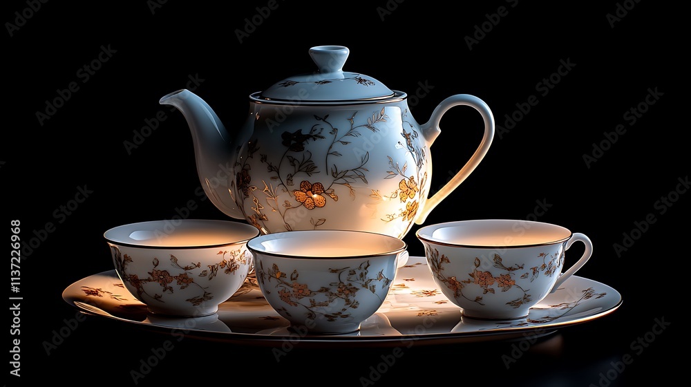 Elegant Tea Set with Floral Design on White Porcelain Elegant Tea Set with Floral Design on White Porcelain
