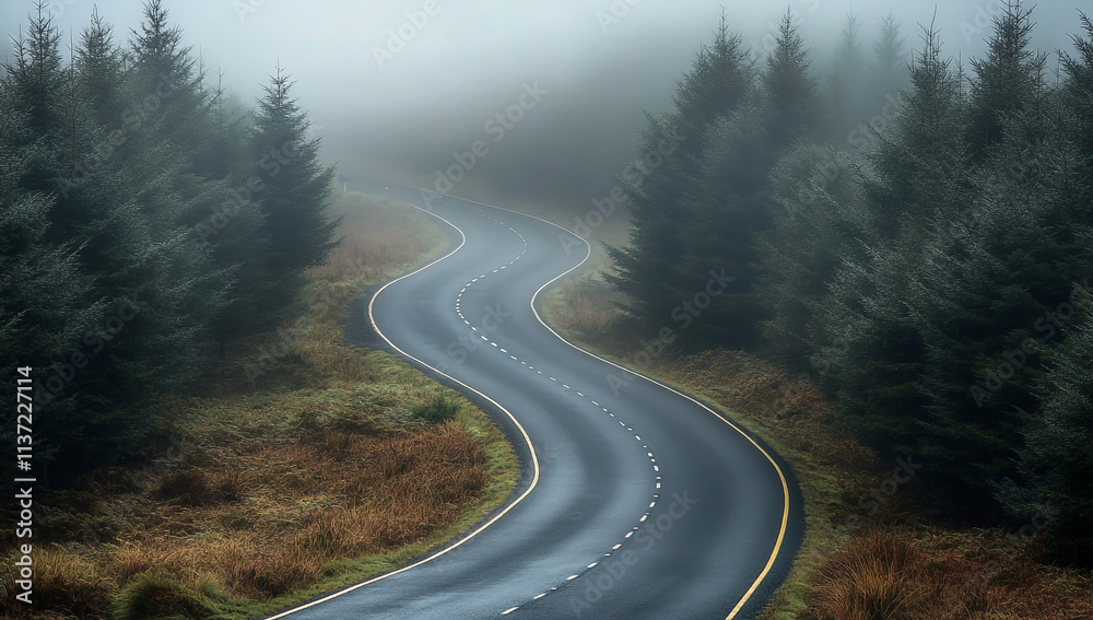 Fototapeta premium A road through a forest surrounded by mist and trees is atmospheric and mysterious