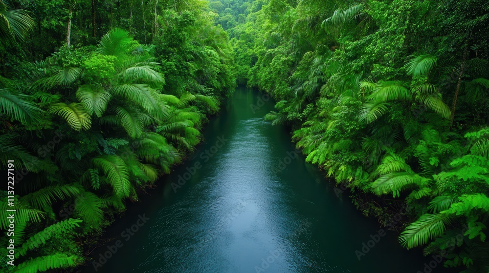 Fototapeta premium Lush river landscape in a serene abundant rainforest