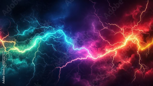 Abstract vibrant blue and red lightning clashing.