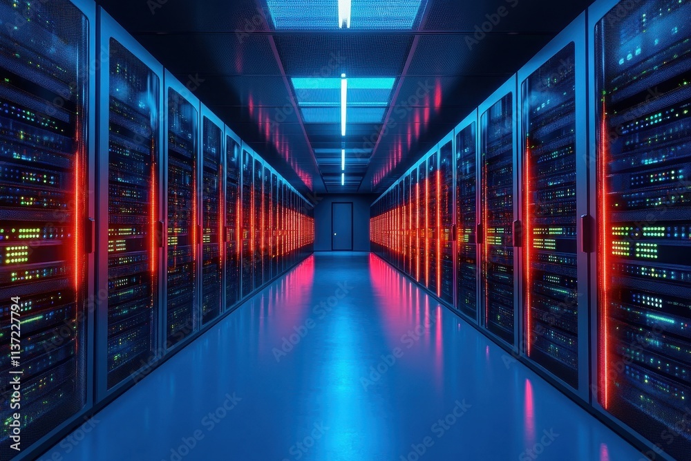 Sleek server room with red & blue lighting; rows of data storage units shine. Illustrates data centers, technology, and high-tech infrastructure concepts. Sleek server room with red & blue lighting; rows of data storage units shine. Illustrates data centers, technology, and high-tech infrastructure concepts.