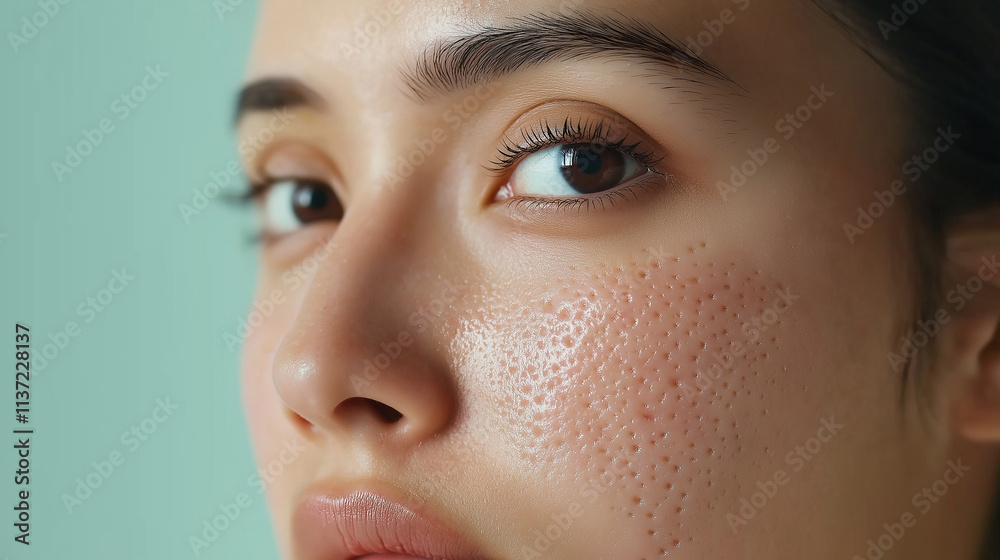 Young woman showing enlarged pores on her face, skincare concept Young woman showing enlarged pores on her face, skincare concept