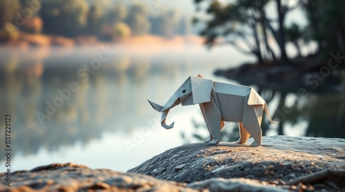 A paper origami elephant stands by a serene lake, showcasing creativity and nature's beauty. photo