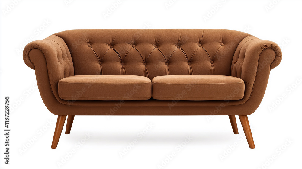 Brown sofa with wooden legs and deep buttoning detailing on white background Brown sofa with wooden legs and deep buttoning detailing on white background