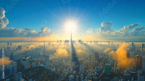 東京の高層ビルと青空の空撮3