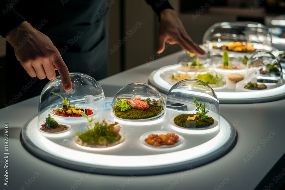 A round, white and blue food-warming machine with a glass dome that holds an assortment of small plates A round, white and blue food-warming machine with a glass dome that holds an assortment of small plates