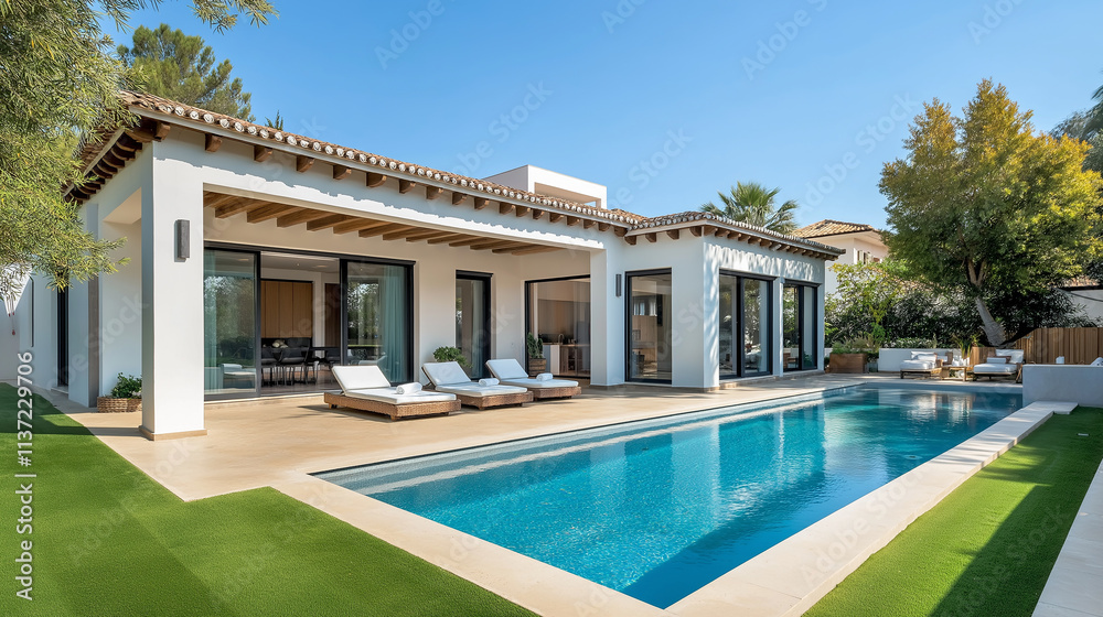 Fototapeta premium Modern luxury villa featuring swimming pool and lush green lawn