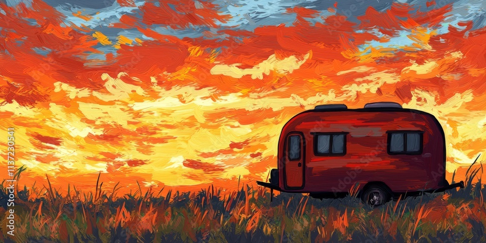 Red Camper Sunset Idyllic Travel Scenic Landscape Artistic Painting Red Camper Sunset Idyllic Travel Scenic Landscape Artistic Painting