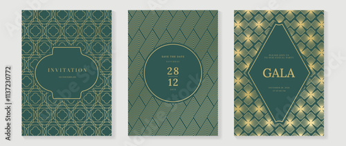 Gala invitation luxury pattern cover vector set. Golden elegant wavy gold line pattern on sage green background. Premium design illustration for wedding, vip cover template, grand opening, flyer.