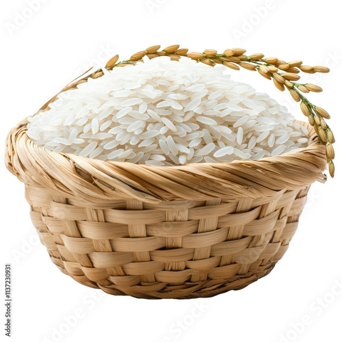 A basket of white rice with a bunch of rice on top of it. transparent background