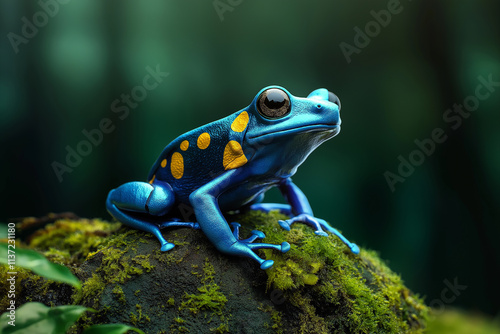 Dyeing poison dart frog resting on mossy rock in rainforest photo