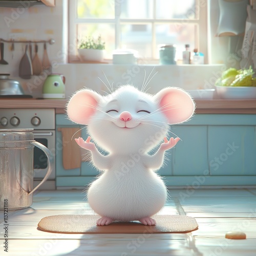 Cartoon mouse is sitting on a rug in a kitchen