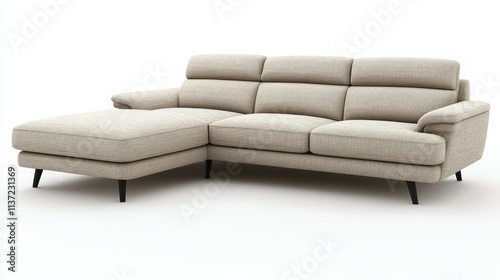 Beige fabric sectional sofa with chaise lounge and black legs. photo