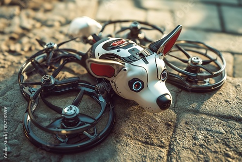 Dog robot is sitting on the ground with its head down photo