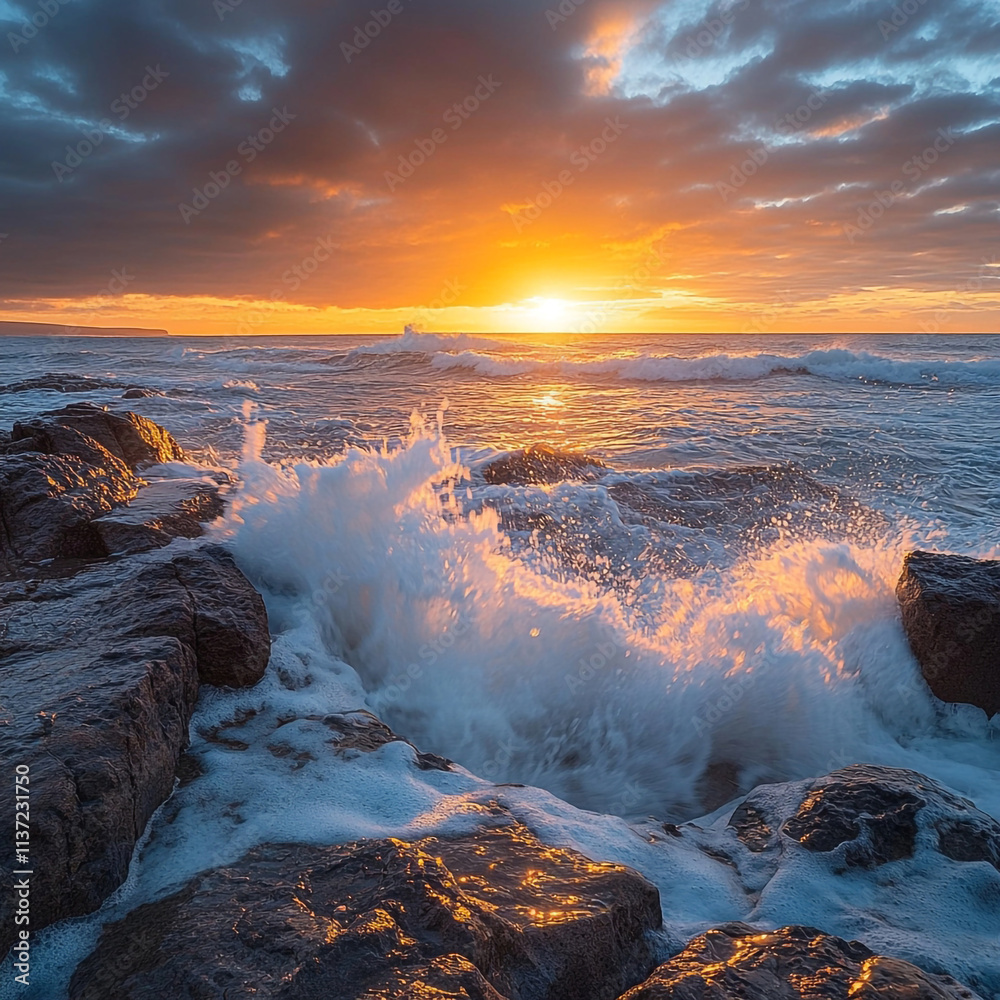Fototapeta premium Sunrise Over Rocky Shoreline with Waves Crash