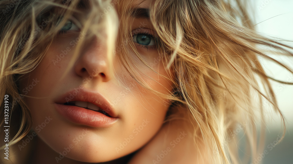 Blonde model with airy hair showing her face Blonde model with airy hair showing her face