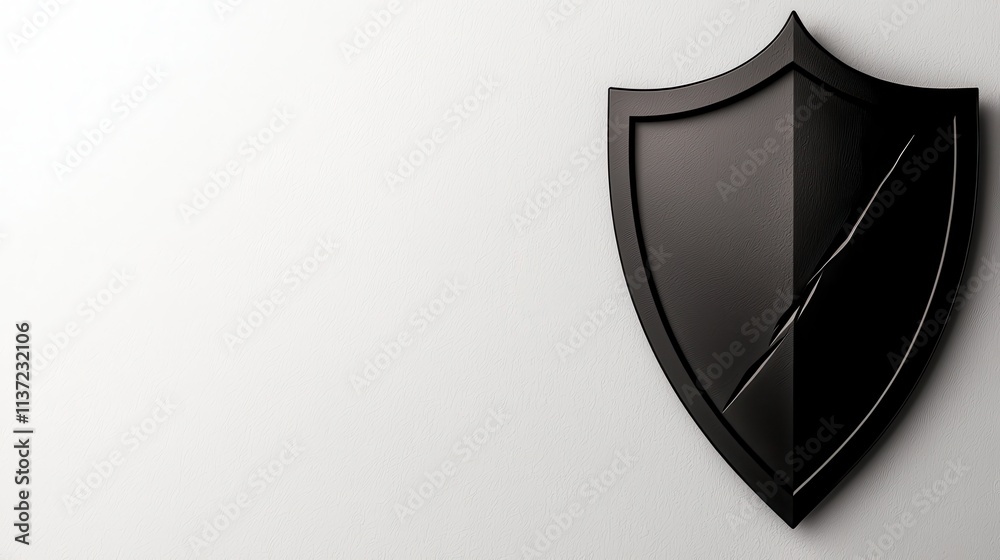 Black Shield with a Crack on a Minimalistic White Background