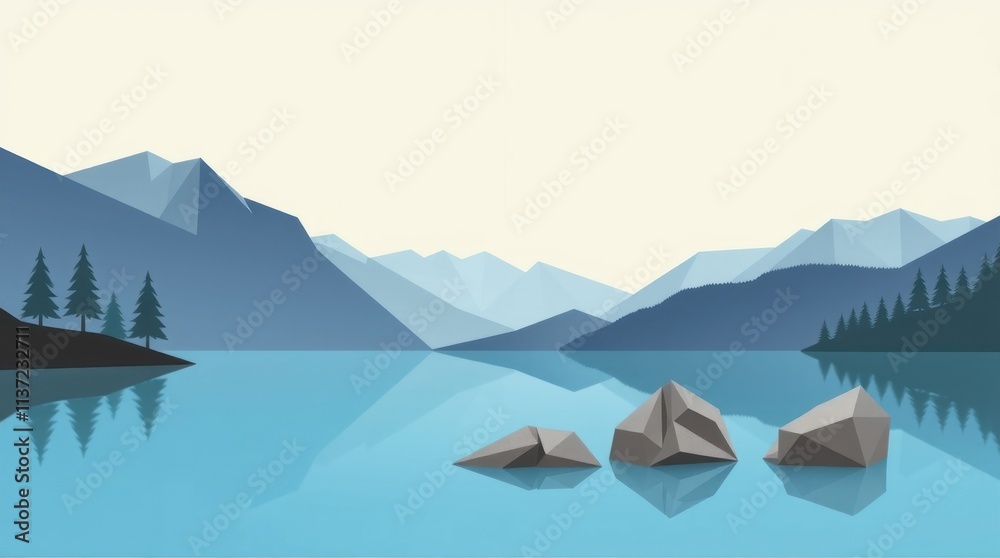 Fototapeta premium A serene landscape featuring mountains and a calm lake with geometric rocks.